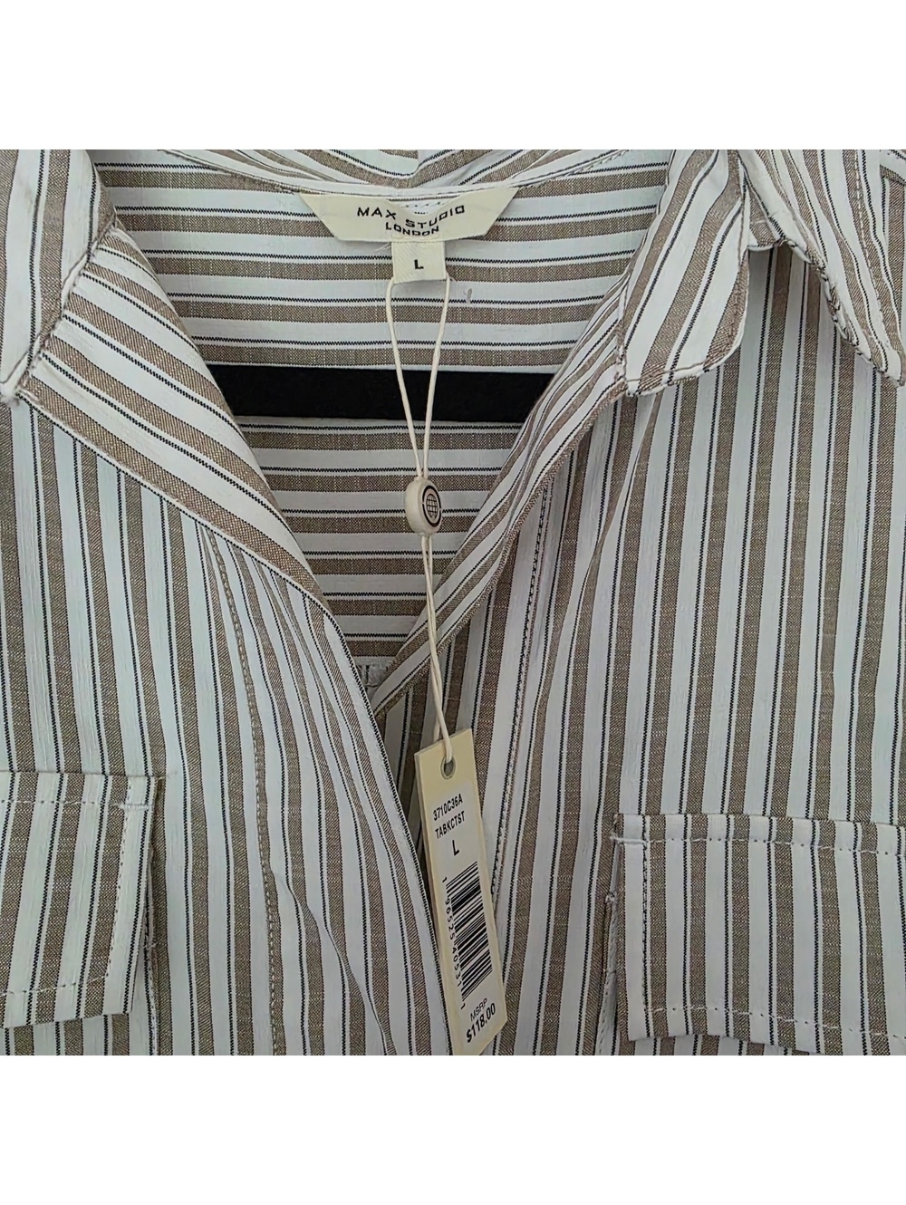 Max Studio Women’s Khaki/White Roll-Tab Double Pocket Collared Shirt Size Large - Picture 4 of 6